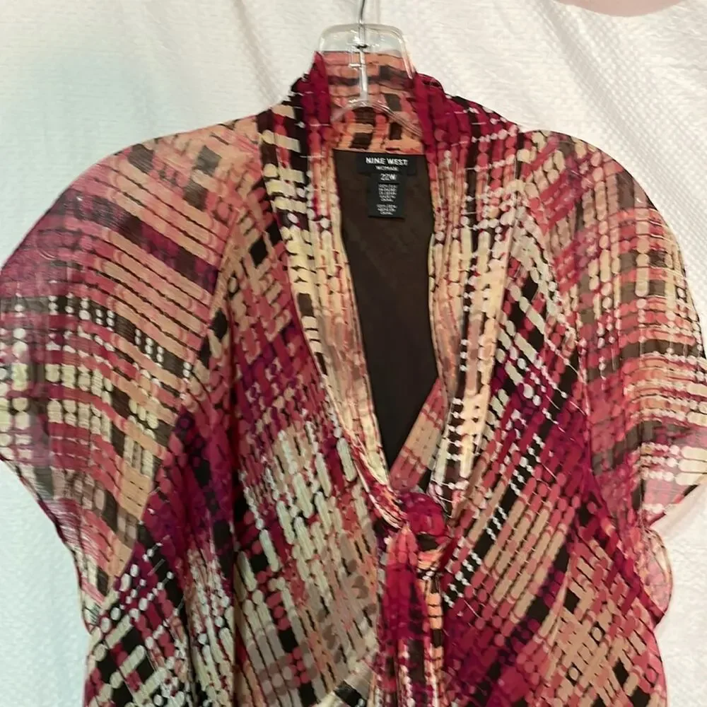 Nine West 22w 💯silk cap sleeve lined blouse bias cut plaid neckline bow euc